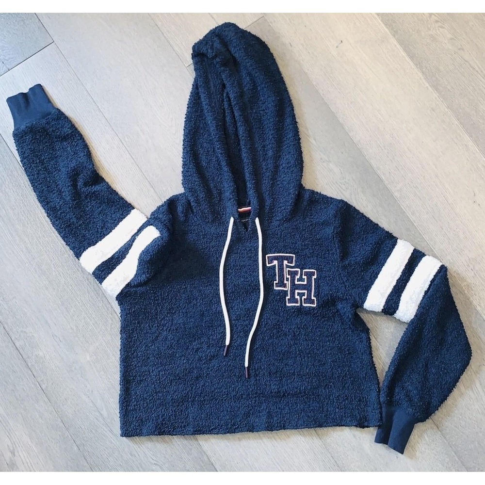 Tommy Hilfiger Hoodie Womens Medium Blue Fuzzy Cropped Pullover TH Logo Stripes